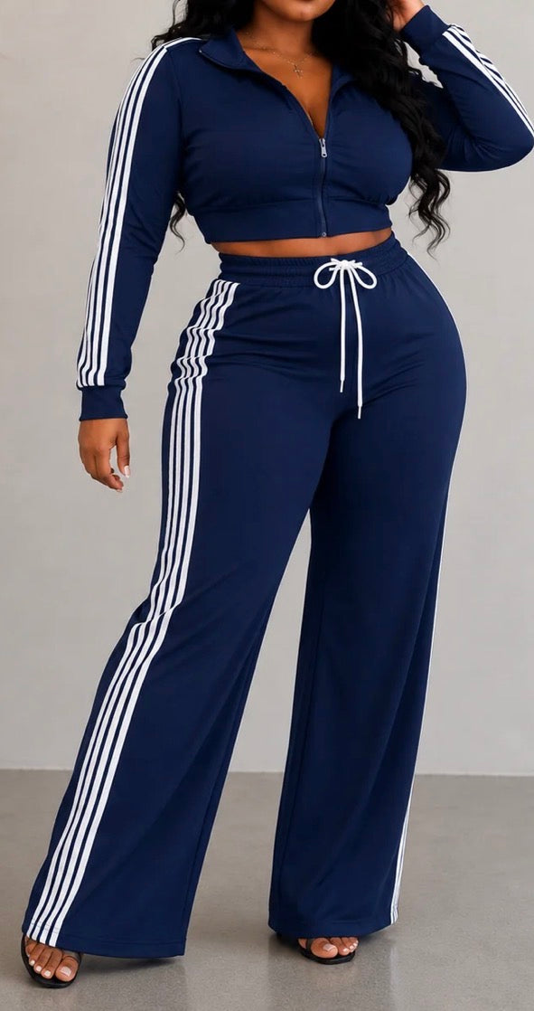 SIDE STRIPED ZIP UP TOP & PANTS S PLUS SET
