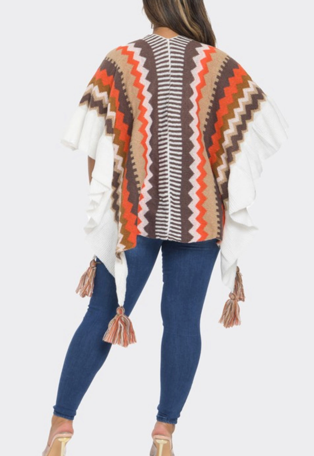 Multi Color Ruffle Detail Knit Top/shawl  ONESIZE  BROWN/ORANGE