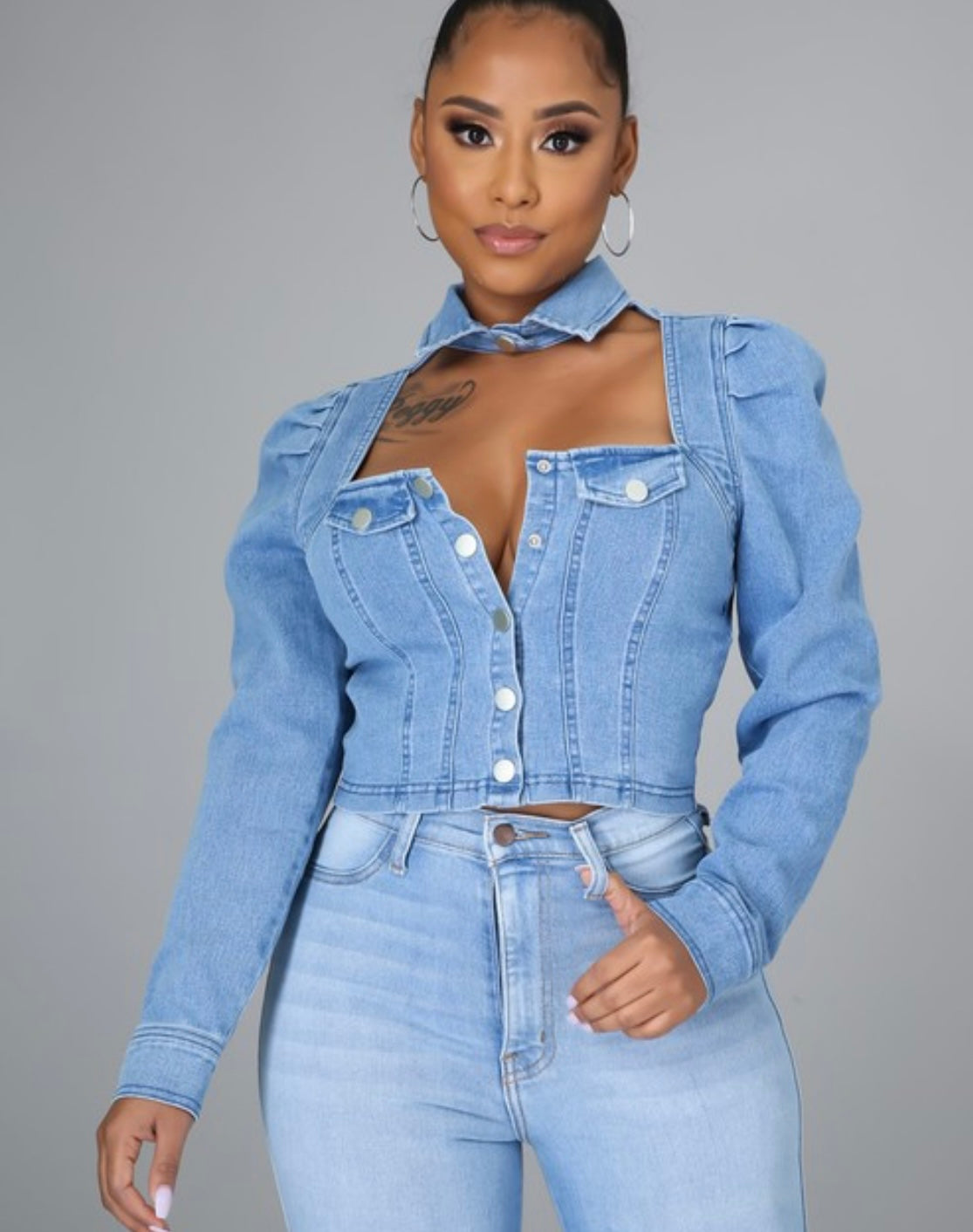 Square Neck Cut Out Denim Top