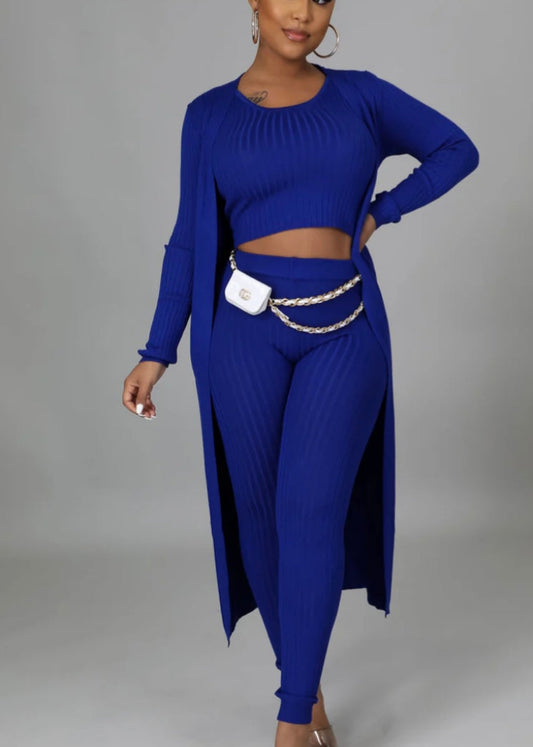 Rib Three Piece Set With Cardigan Blue