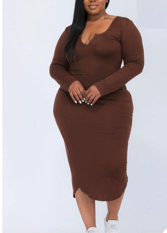 Solid Long Sleeve Midi Dress(PLUS) Brown