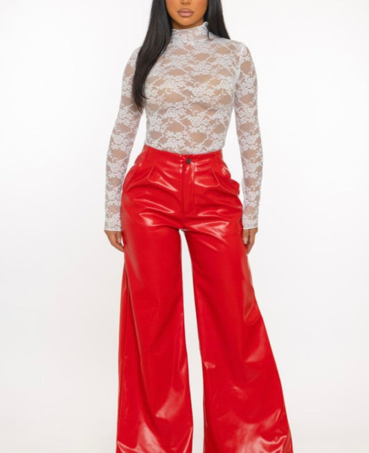 Wide Baggy Legs Thick Leather Long Pants Red