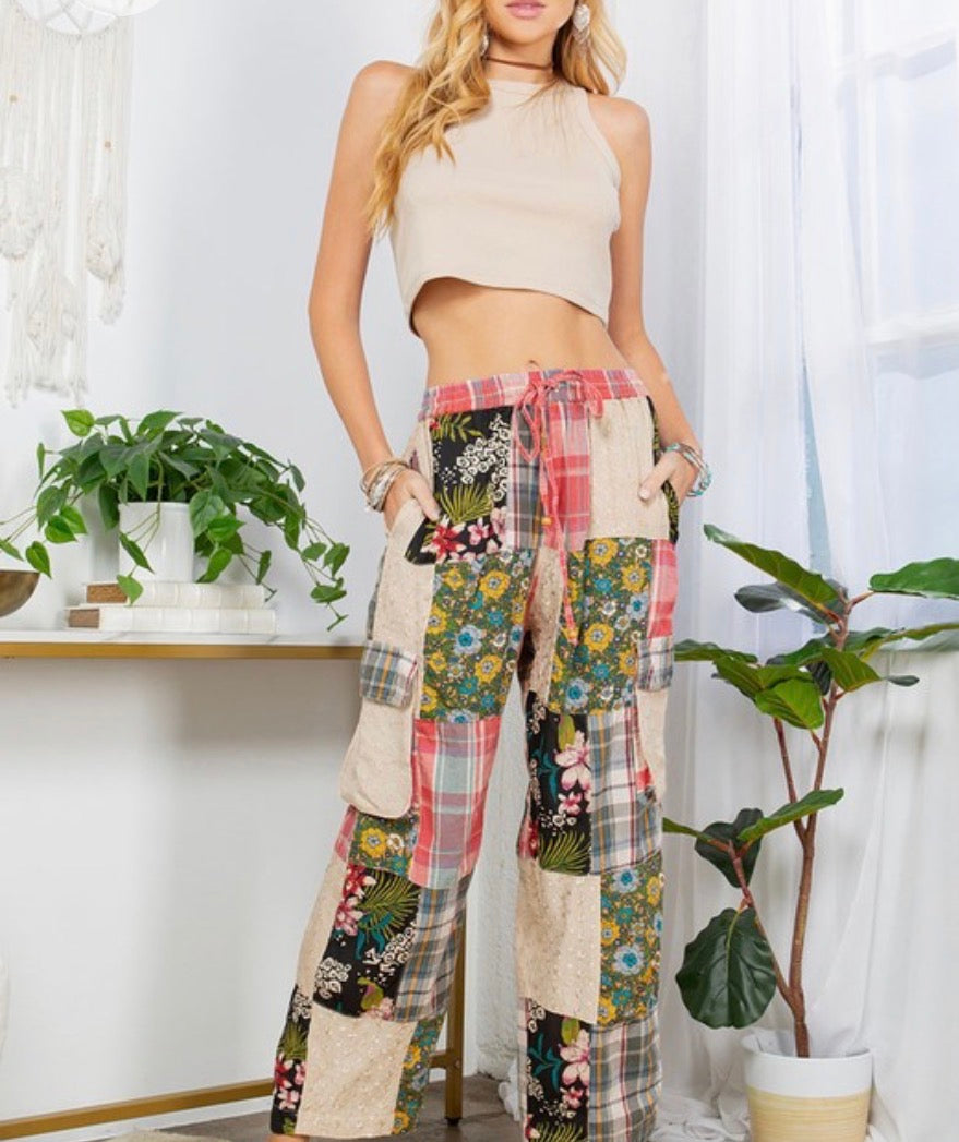 Bohemian Patchwork Straight Pant Plaid Embroidery