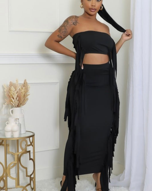 Stretch skirt set, Tube top, High-waisted skirt, Elastic waistband, Ruffles, No closure Black