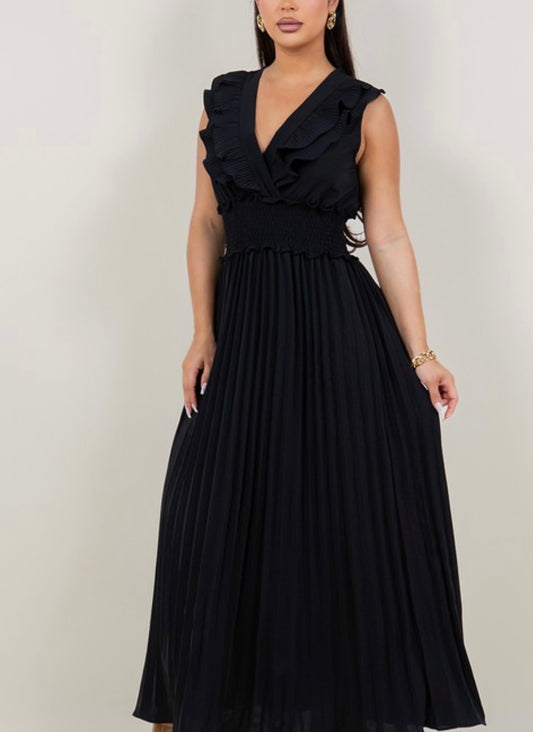 Solid Sleeveless Micro Pleated Maxi Dress Black