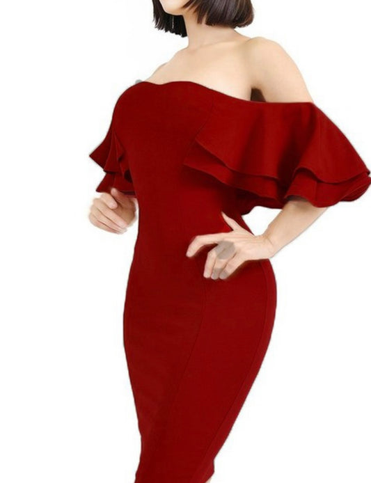 Off Shoulder Ruffle Sleeve Midi Dress Burgundy