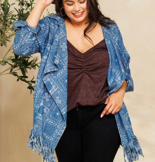 Plus Patchwork Printed Washed Denim Cardigan