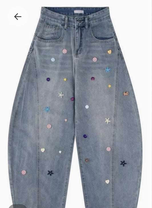 Y2k Colorful Button Embellishments Barrel Jean