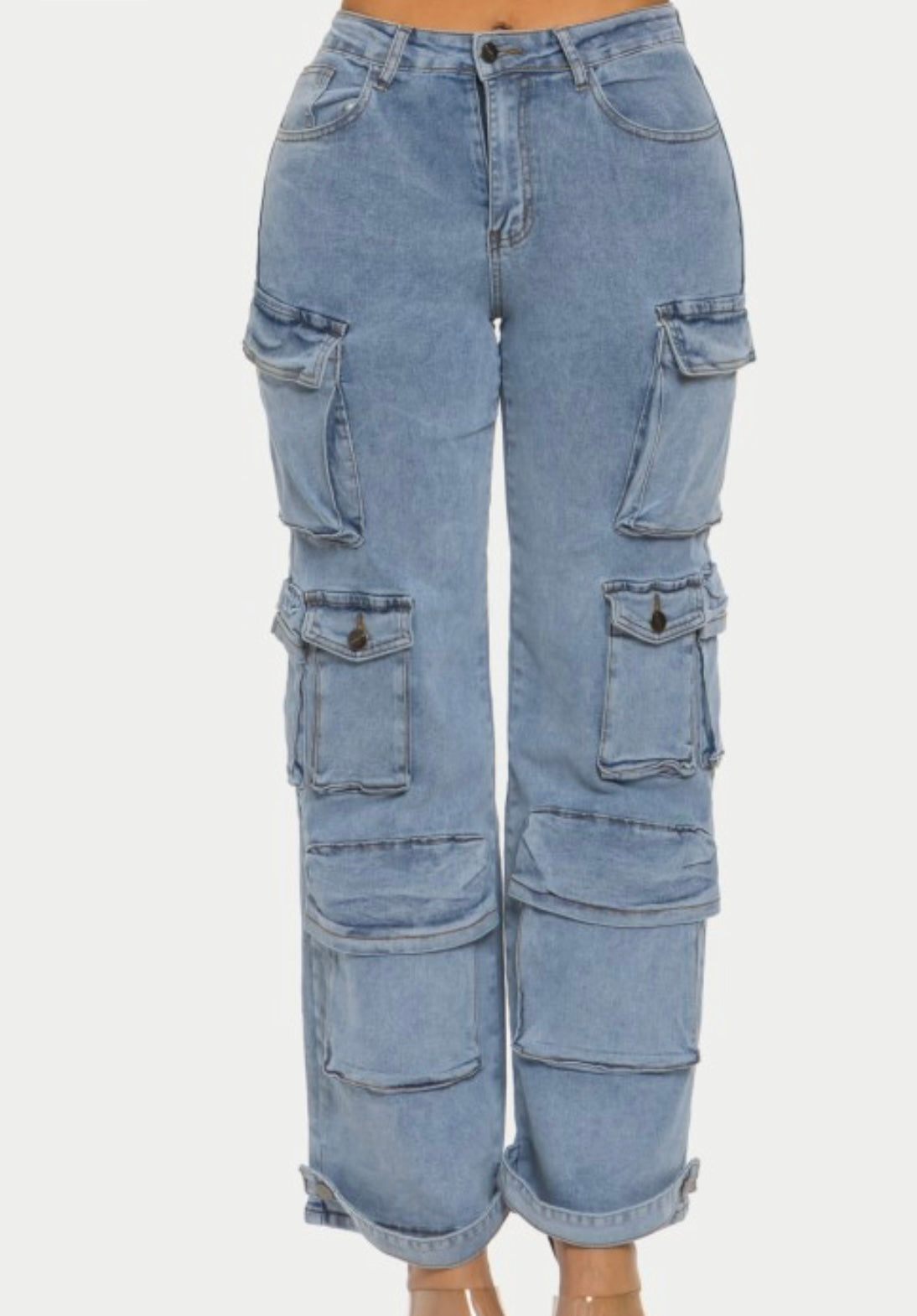 Plus Size Denim Cargo Jeans Pant Pockets Wide Legs