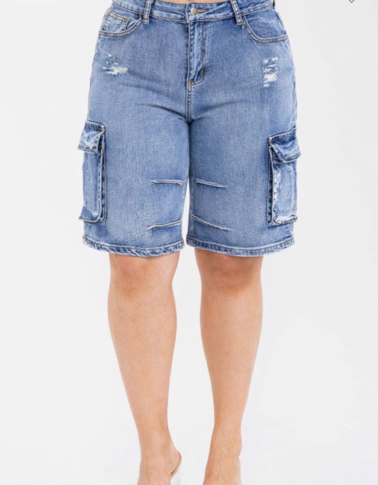 Plus Size Denim Cargo Short Bermuda Wide Legs Stretch