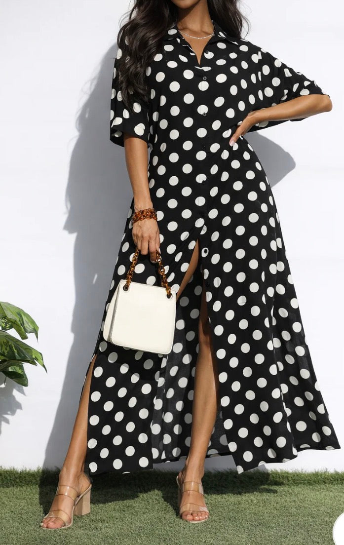 POLKA DOT BUTTON DOWN SHIRT LONG DRESS