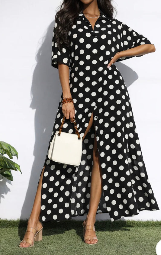 POLKA DOT BUTTON DOWN SHIRT LONG DRESS