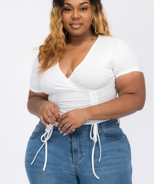 Plus Ruched Drawstring Surplice Top White