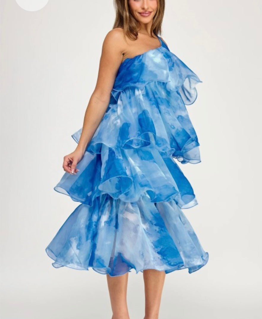 Plus Size One Shoulder Tiered Ruffle Midi Dress