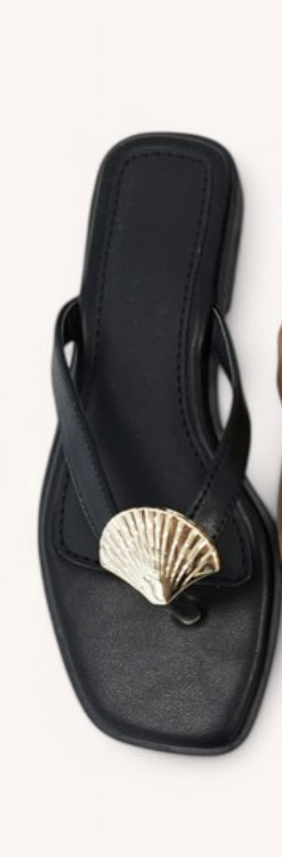 Doha-9 Golden Shell Decor Thong Strap  Black/gold See shel