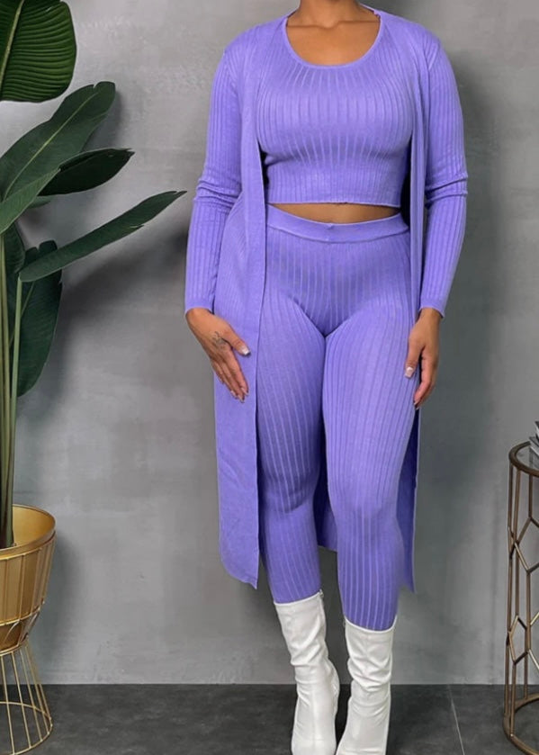 Rib Three Piece Set With Cardigan Lavender