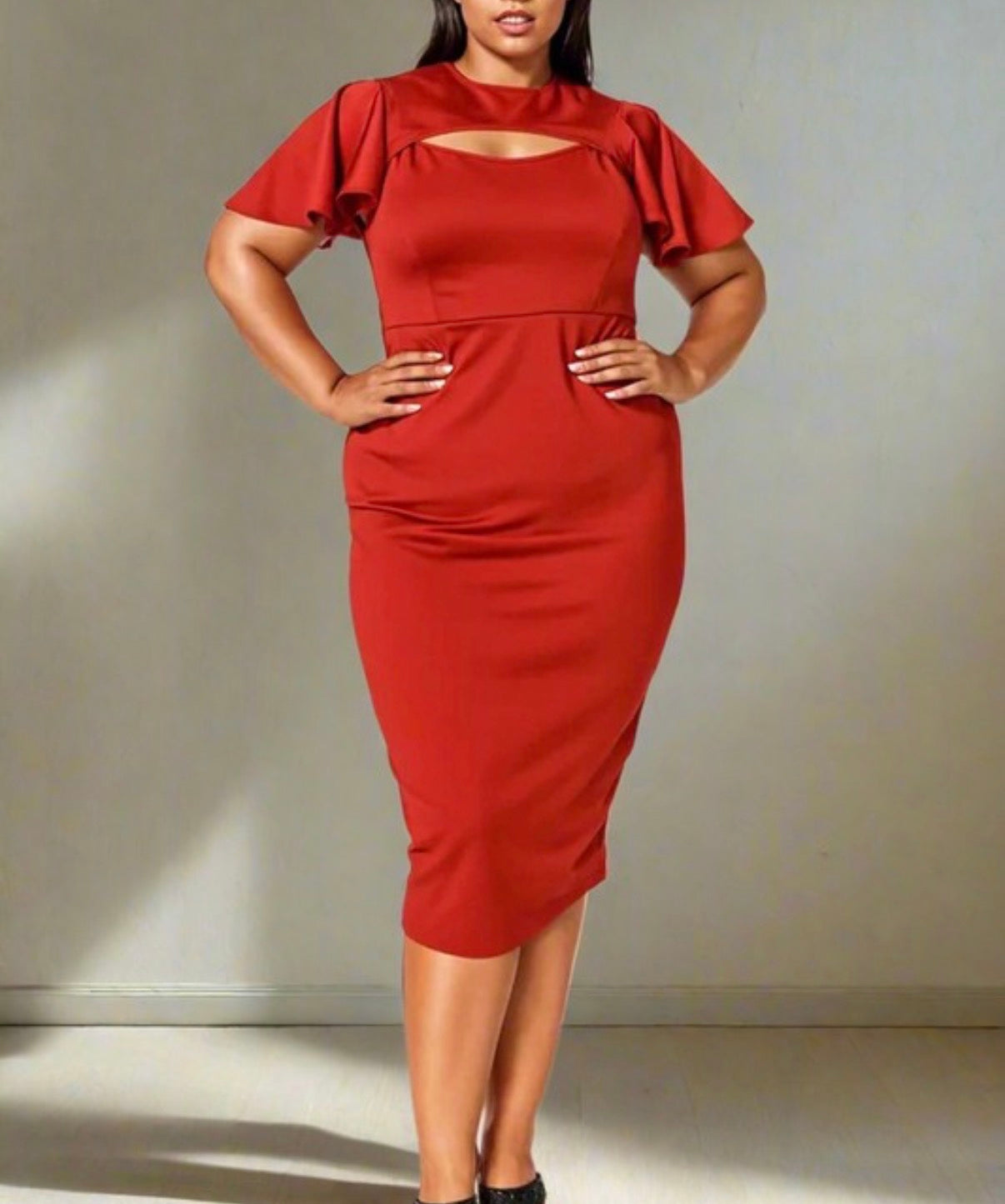 Cutout Flutter Sleeve Midi Dress Rust