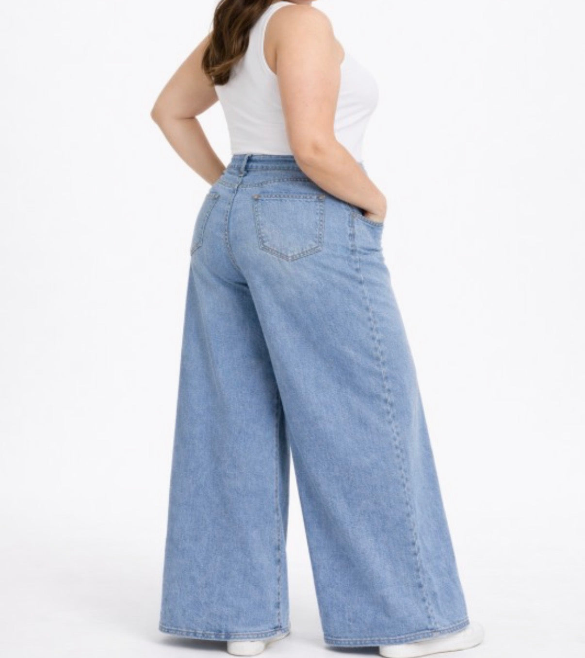 High Waist Denim Pants Pocket Baggy Jeans Wide Legs Stretchy