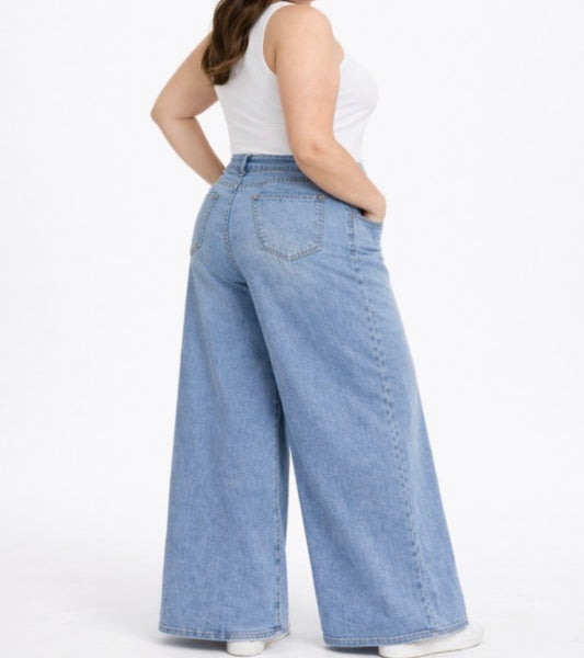 High Waist Denim Pants Pocket Baggy Jeans Wide Legs Stretchy