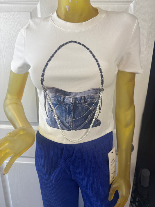 White T With Denim Purse