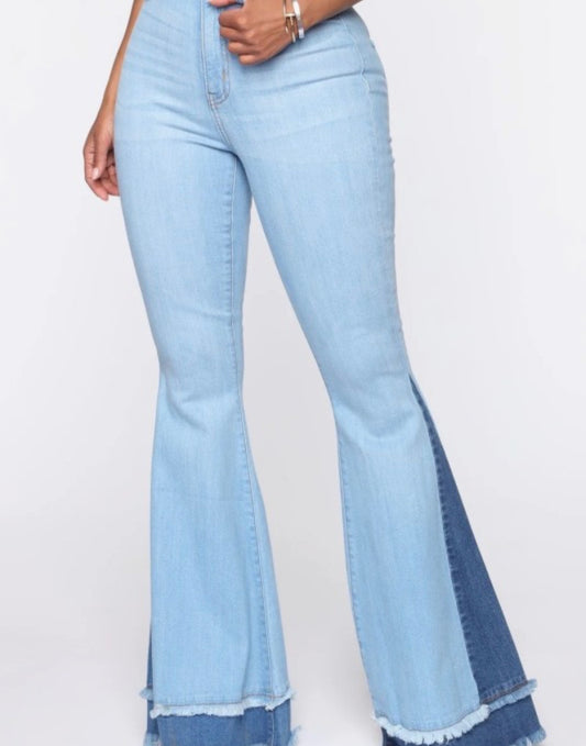 High Rise Light Blue Two Tones Flare Jeans