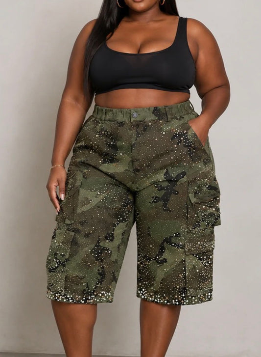ALL OVER RHINESTONE PEARL CAMO JORTS Plus