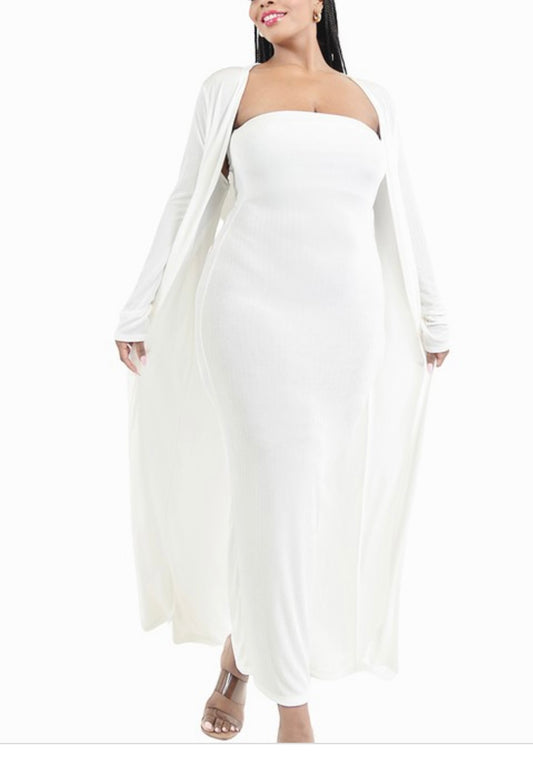 Plus Solid Slinky Rib 2 Peice Cardigan Set White