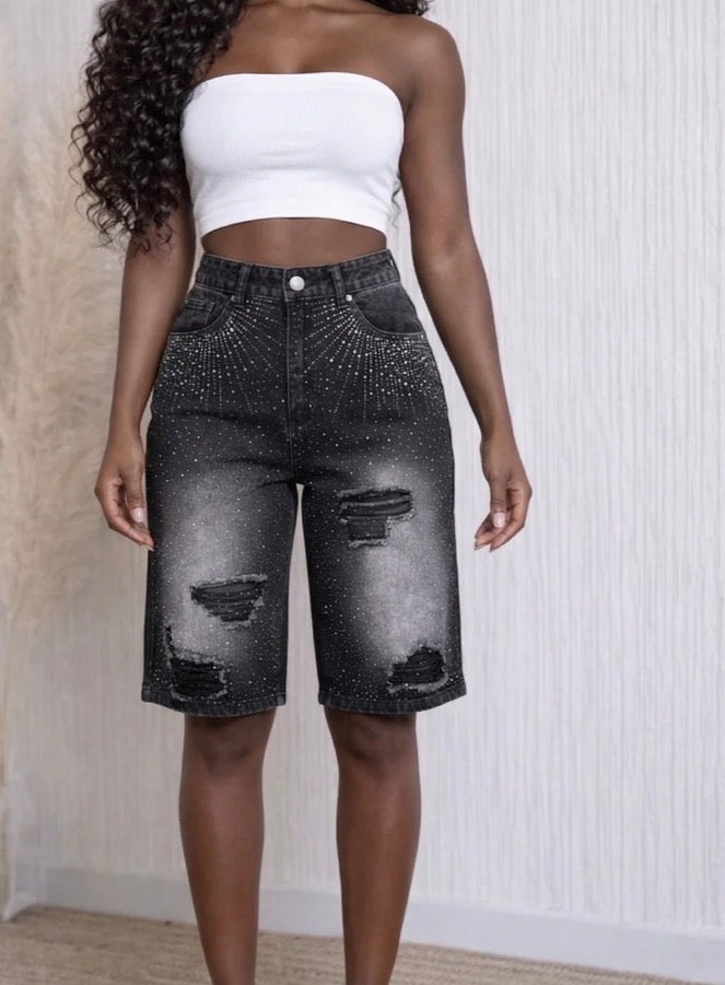 FRONT RHINESTONE DETAIL DENIM JORTS