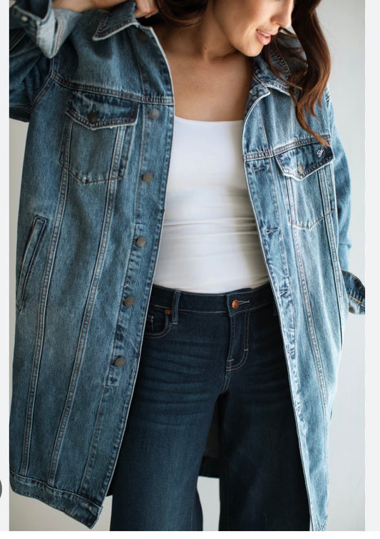 Plus Long Denim Jacket With Pockets