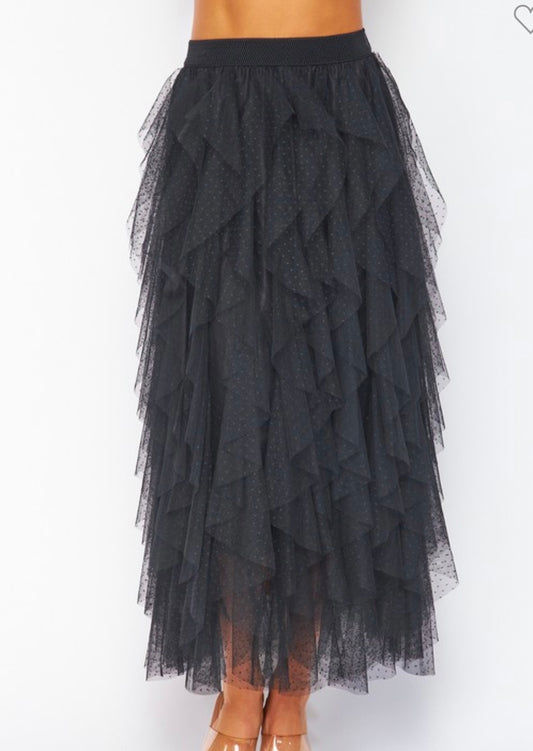 Ruffle Asymmetric Dotted Tulle Skirt Black