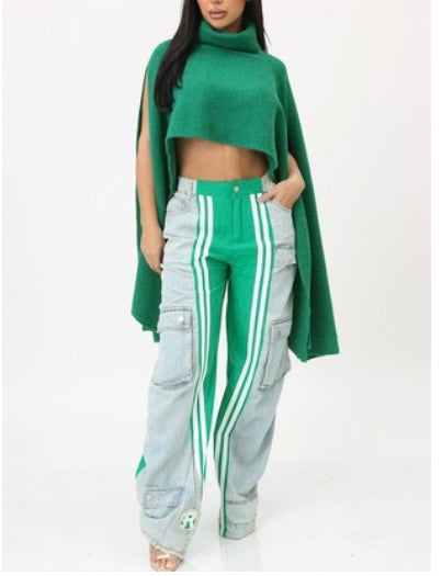 Denim Color Block Front Stripe Cargo Jean Blue