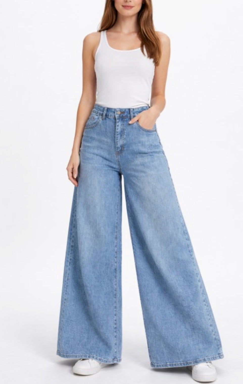 High Waist Denim Pants Pocket Baggy Jeans Wide Legs Stretchy