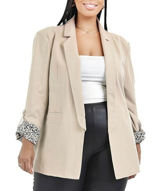 Plus Animal Print Cuff 3/4 Tab Sleeve Blazer Taupe