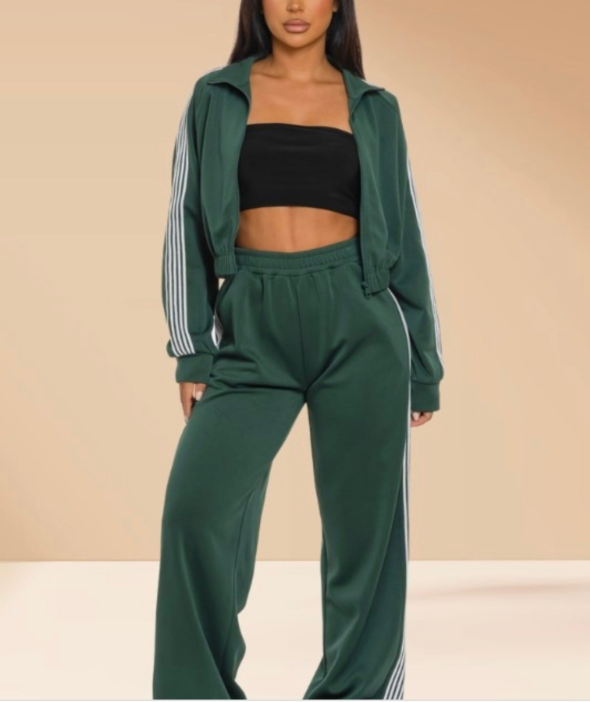 Tracksuit 2 Piece Set Zip Up Sweater Wide Pants  Green