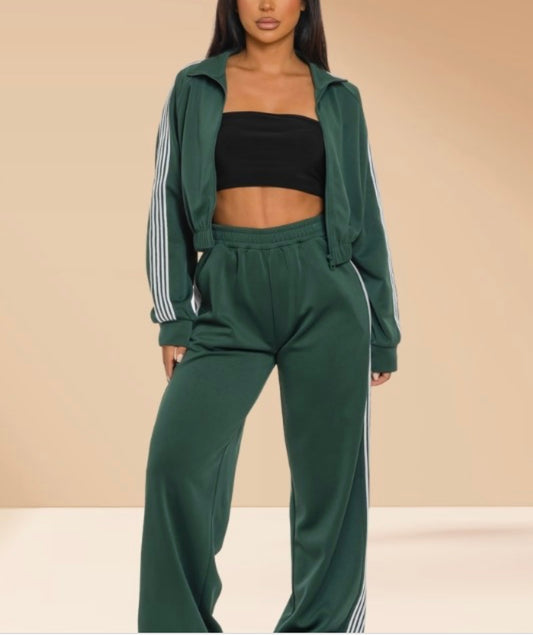 Tracksuit 2 Piece Set Zip Up Sweater Wide Pants  Green