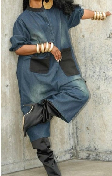 Denim Wide Leg Jumpsuit Pocket Detail