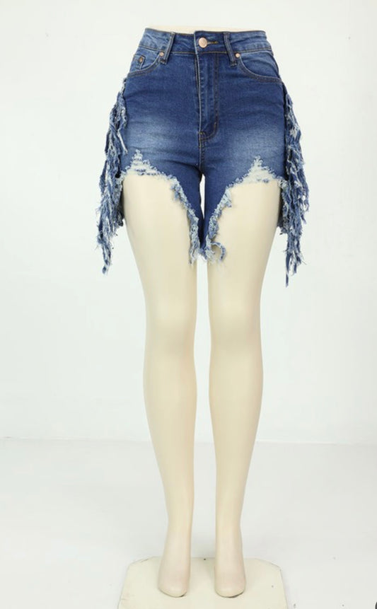 Denim Women Short Ripped Jean Stretch Fringe Pants