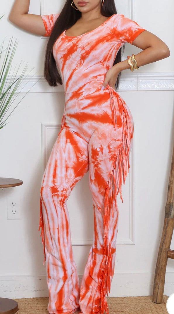 TIE DYE FRINGE JUMPSUIT WITH HEADBAND