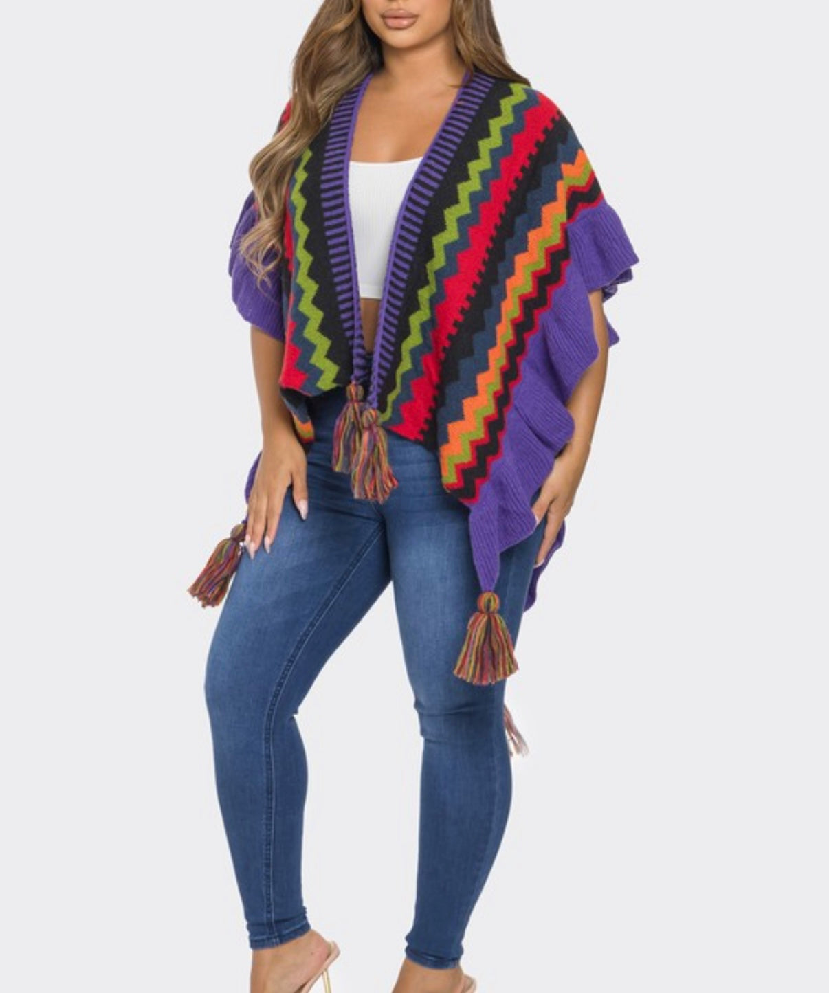 Multi Color Ruffle Detail Knit Top/shawl  ONESIZE  PURPLE