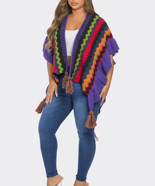 Multi Color Ruffle Detail Knit Top/shawl  ONESIZE  PURPLE