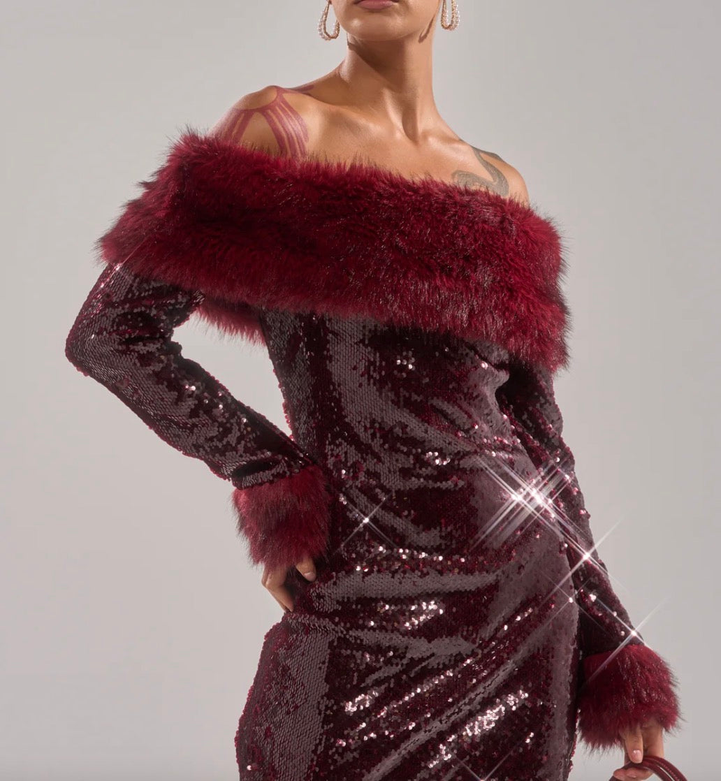 Burgandy Sequens Dress With Fur  A