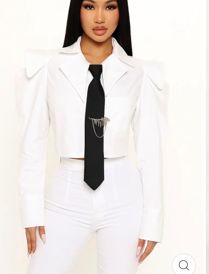 POPLIN OPEN SHOULDER CROP SHIRT WITH TIE