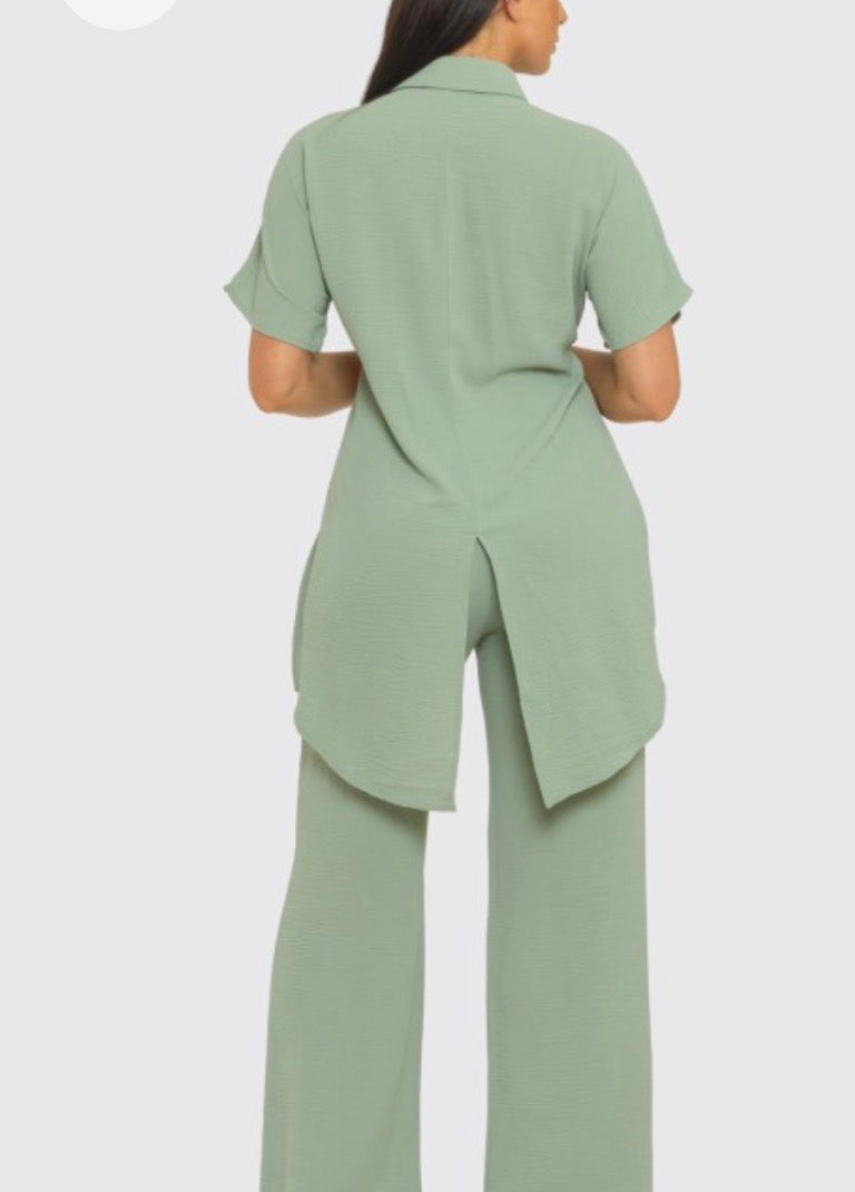 Button Down Front Tie Back Slit Top Set