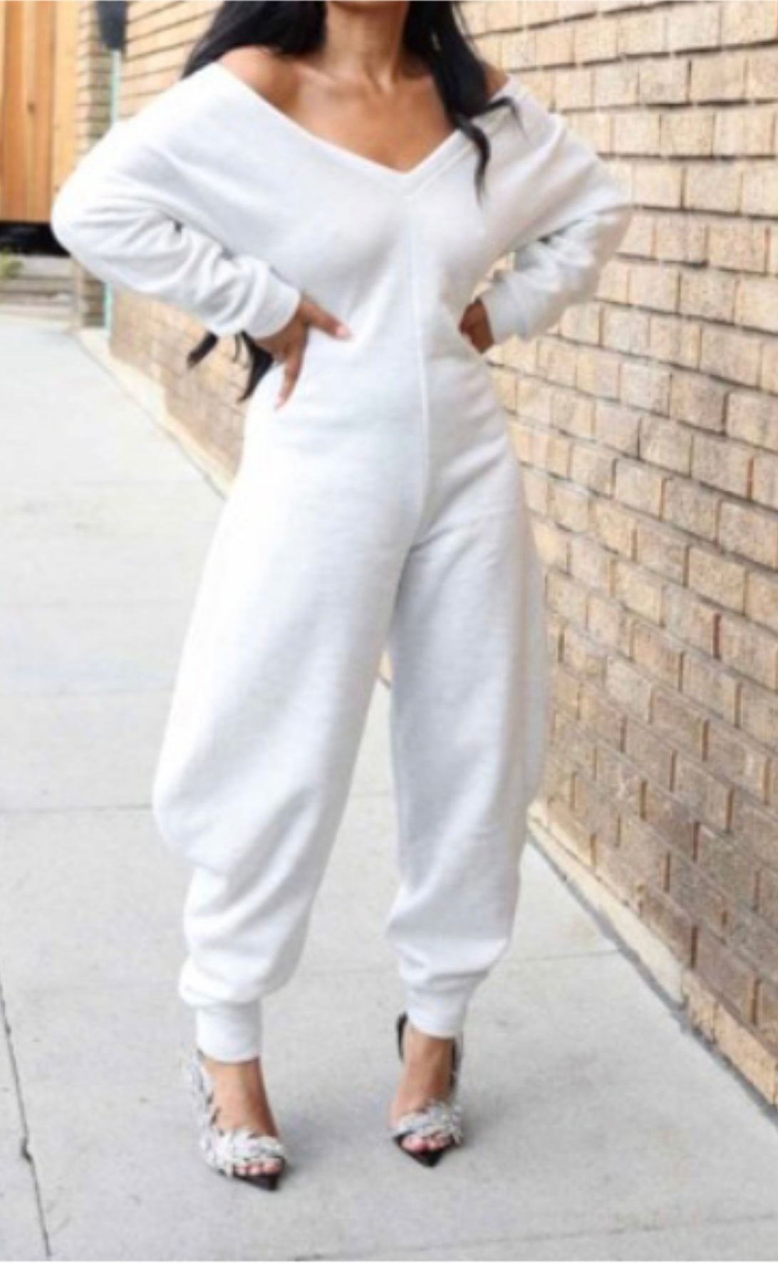 Off Shoulder Cozy Sweatshirt Jumpsuit  Gray