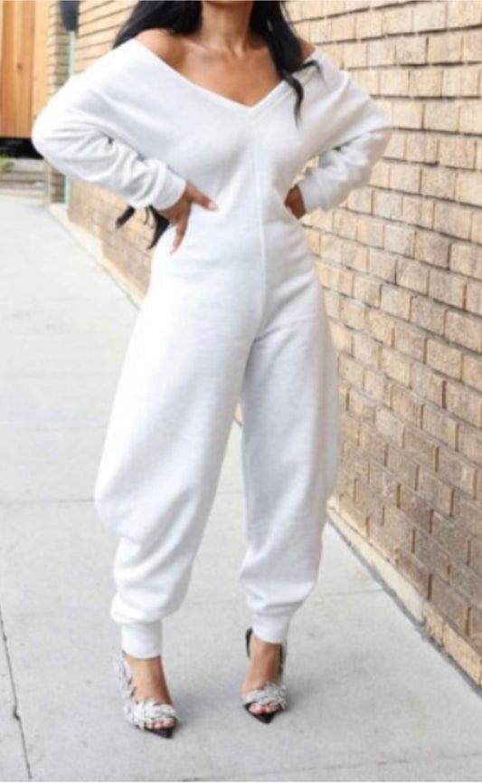 Off Shoulder Cozy Sweatshirt Jumpsuit  Gray
