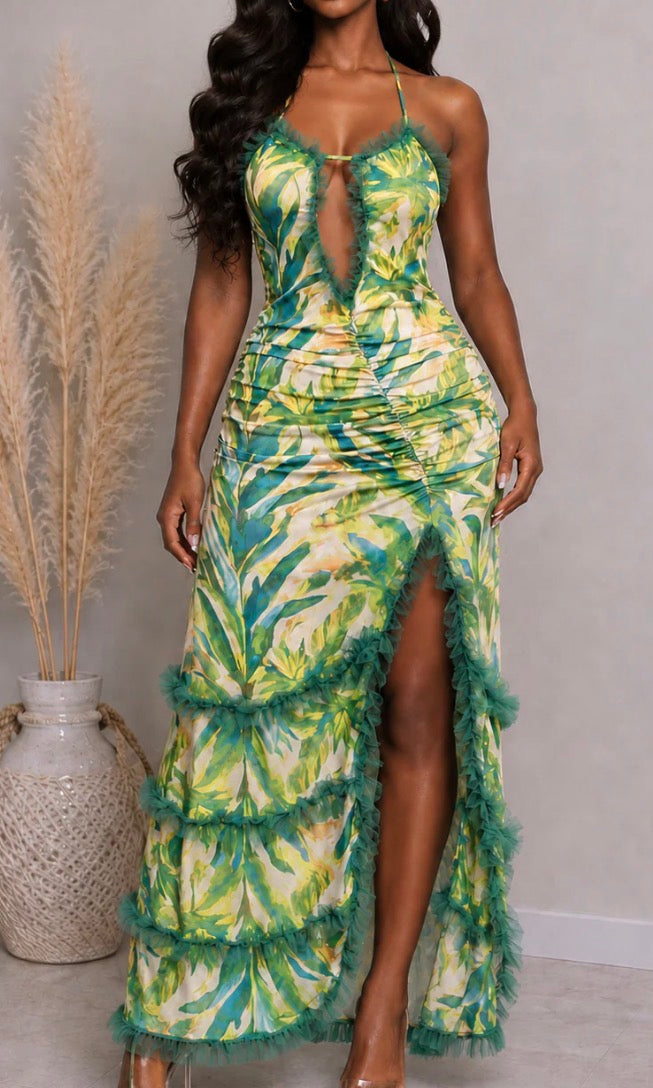 PRINTED DEEP V NECK RUCHED DRESS