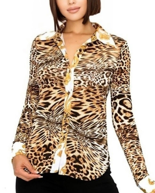 Long Sleeve Animal Print Shirt White