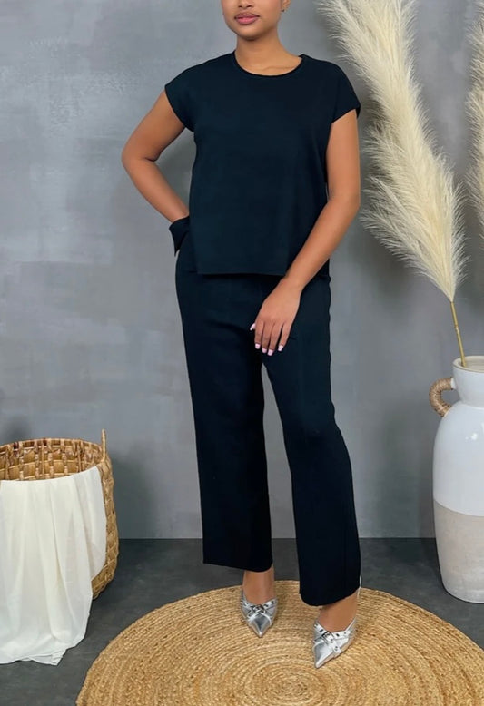 MUCLE KNIT TOP & PANTS SET Black