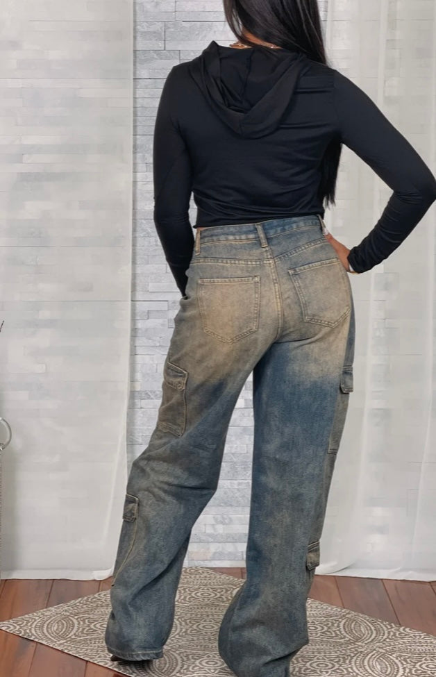 HIGH WAIST MULTI CARGO WASHED JEANS