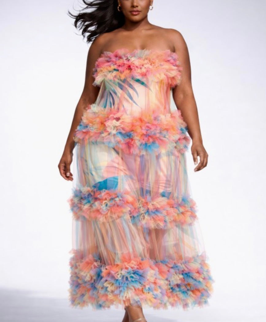 Plus Size Ruffles Maxi Dress With Strapless Mini Dress Set